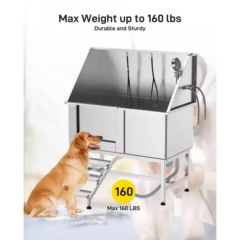Baignoire pour chien, Baignoire de toilettage pour chien professionnelle en acier inoxydable de 50 pouces - avec escalier, caillebotis, robinet pour animaux de taille moyenne et petite