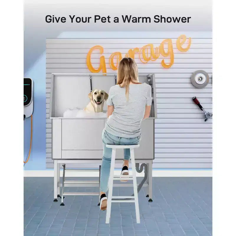 Baignoire pour chien, Baignoire de toilettage pour chien professionnelle en acier inoxydable de 50 pouces - avec escalier, caillebotis, robinet pour animaux de taille moyenne et petite
