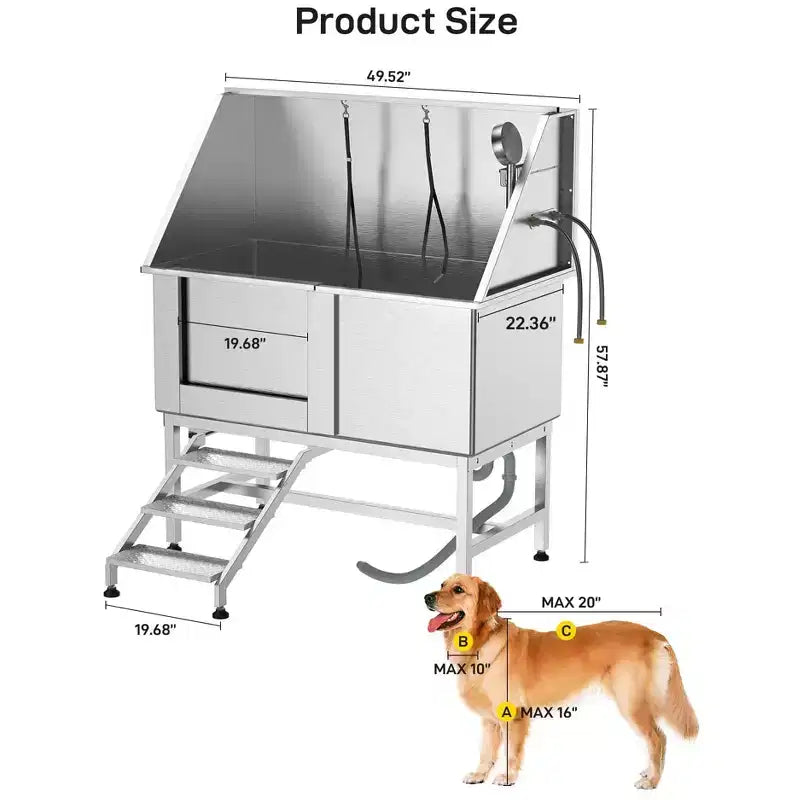 Baignoire pour chien, Baignoire de toilettage pour chien professionnelle en acier inoxydable de 50 pouces - avec escalier, caillebotis, robinet pour animaux de taille moyenne et petite