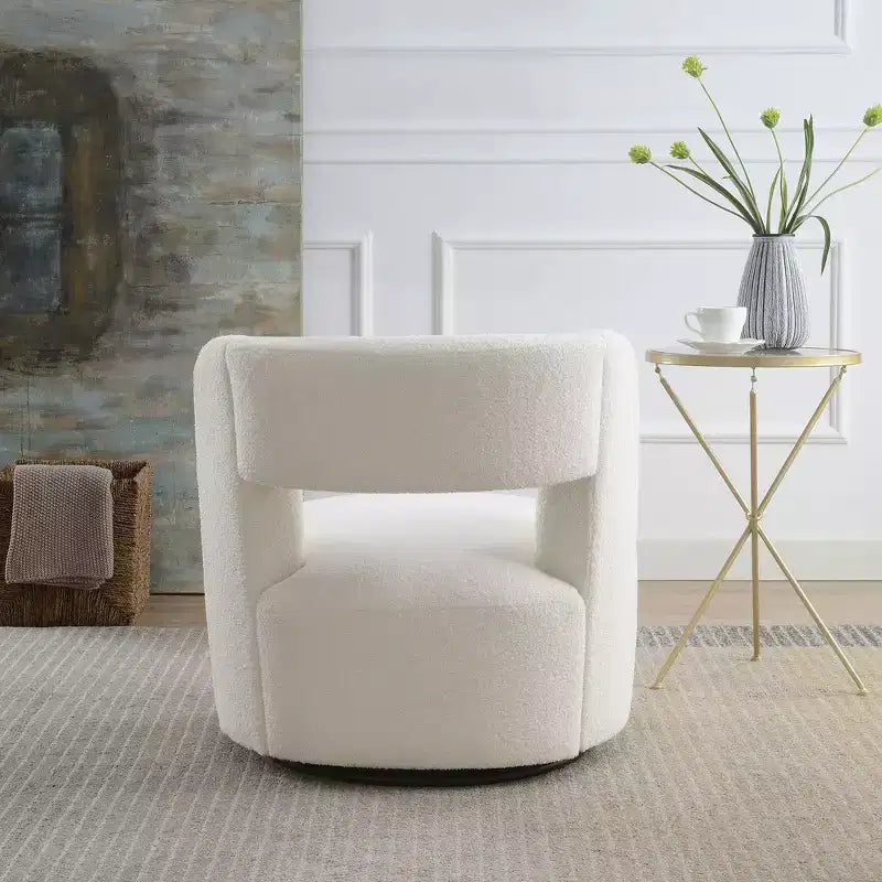 Fauteuil pivotant rond et rembourré en tissu bouclette, design incurvé, fauteuil d'appoint douillet pour salon, chambre à coucher
