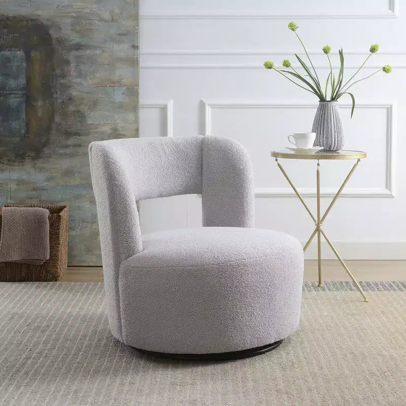 Fauteuil pivotant rond et rembourré en tissu bouclette, design incurvé, fauteuil d'appoint douillet pour salon, chambre à coucher
