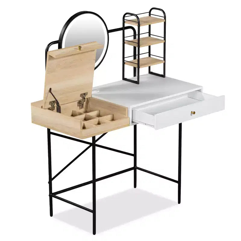 Coiffeuse avec miroir rond 3 modes et station de charge sans fil, coiffeuse pour filles avec tiroir et 3 étagères ouvertes, blanc