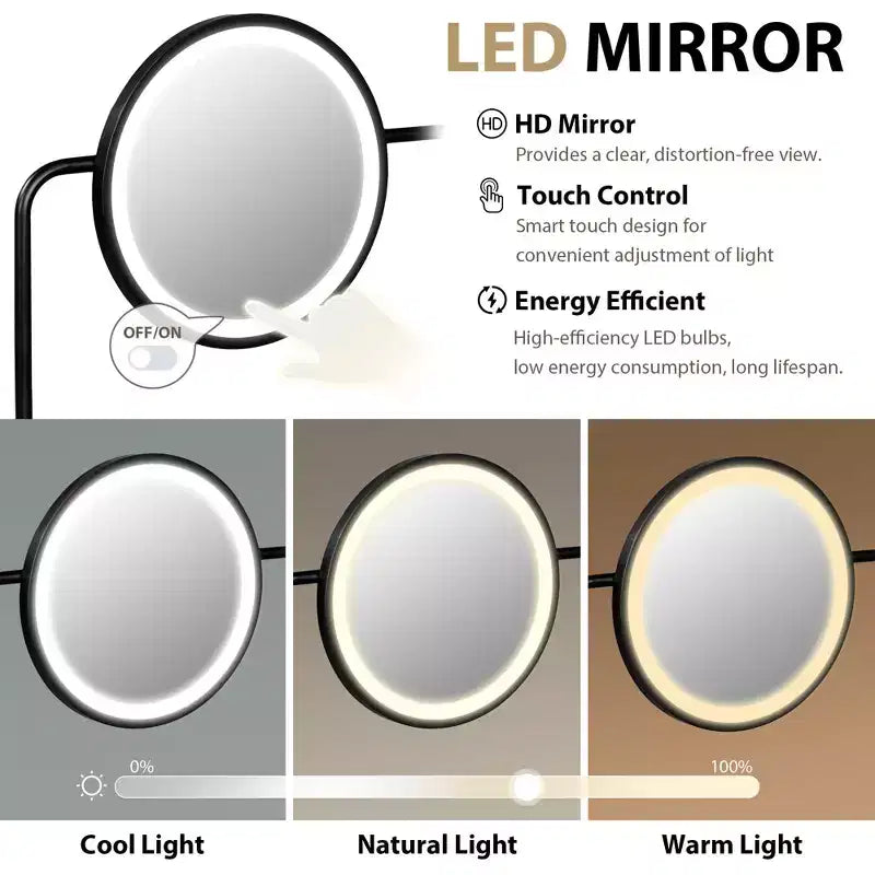 Coiffeuse avec miroir rond 3 modes et station de charge sans fil, coiffeuse pour filles avec tiroir et 3 étagères ouvertes, blanc