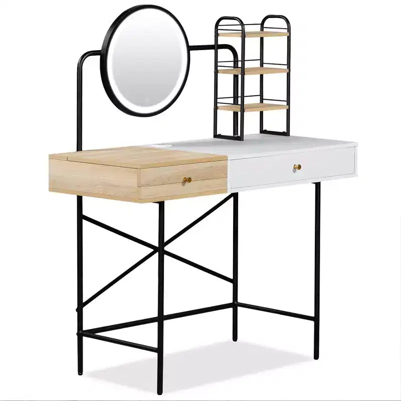Coiffeuse avec miroir rond 3 modes et station de charge sans fil, coiffeuse pour filles avec tiroir et 3 étagères ouvertes, blanc