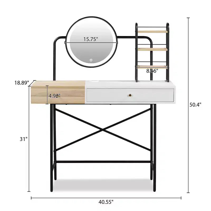Coiffeuse avec miroir rond 3 modes et station de charge sans fil, coiffeuse pour filles avec tiroir et 3 étagères ouvertes, blanc