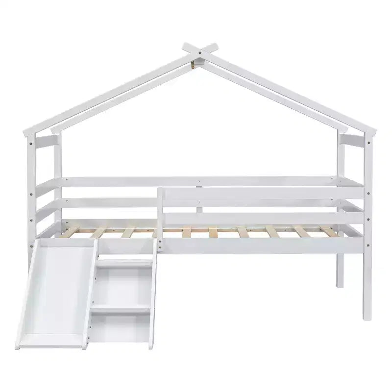 Lit surélevé jumeau avec toboggan, échelle, barrières de sécurité et cadre de toit de maison pour chambre d'enfant