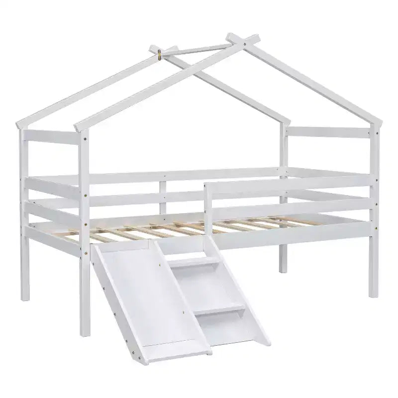 Lit surélevé jumeau avec toboggan, échelle, barrières de sécurité et cadre de toit de maison pour chambre d'enfant