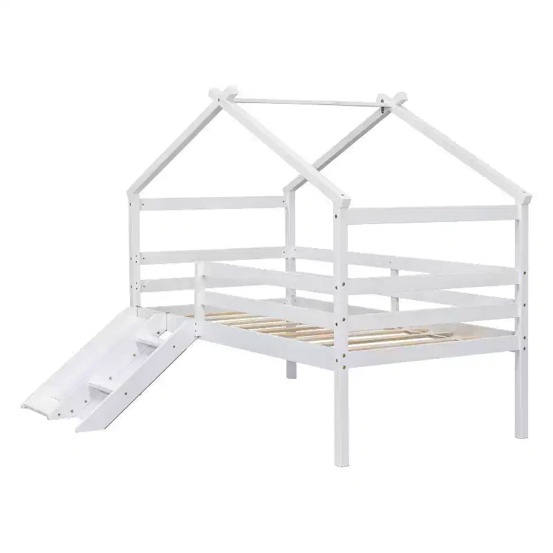 Lit surélevé jumeau avec toboggan, échelle, barrières de sécurité et cadre de toit de maison pour chambre d'enfant