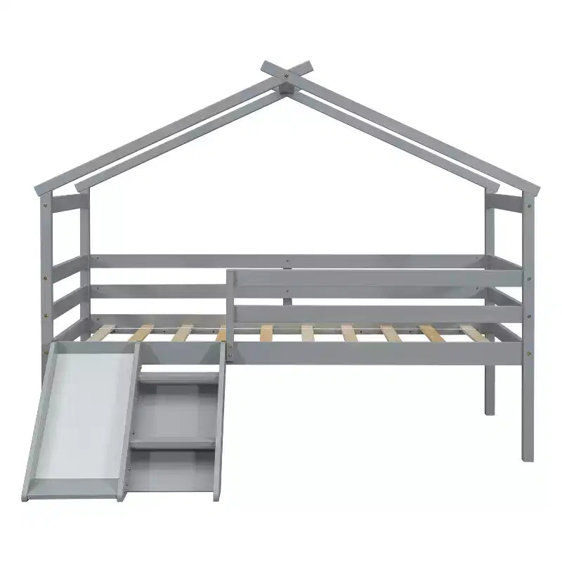 Lit surélevé jumeau avec toboggan, échelle, barrières de sécurité et cadre de toit de maison pour chambre d'enfant