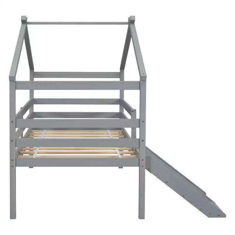 Lit surélevé jumeau avec toboggan, échelle, barrières de sécurité et cadre de toit de maison pour chambre d'enfant