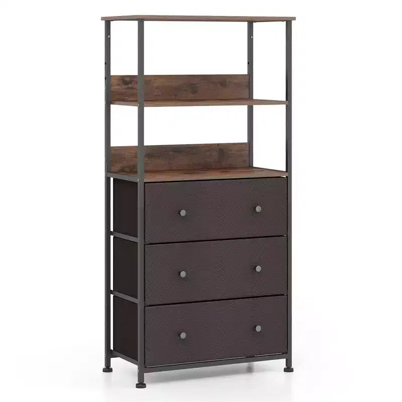 Commode 3 tiroirs avec étagères ouvertes, unité de rangement verticale en tissu, cadre métallique