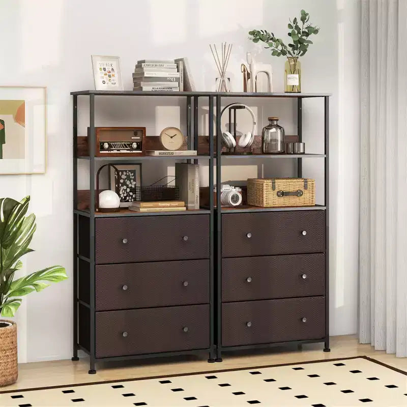 Commode 3 tiroirs avec étagères ouvertes, unité de rangement verticale en tissu, cadre métallique