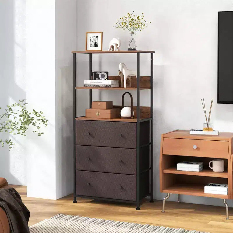 Commode 3 tiroirs avec étagères ouvertes, unité de rangement verticale en tissu, cadre métallique