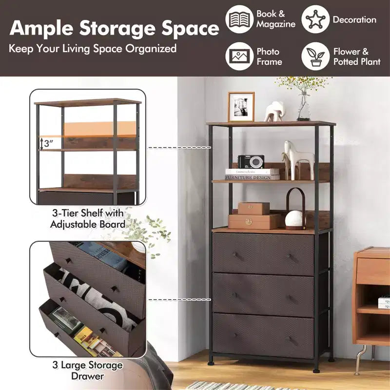 Commode 3 tiroirs avec étagères ouvertes, unité de rangement verticale en tissu, cadre métallique