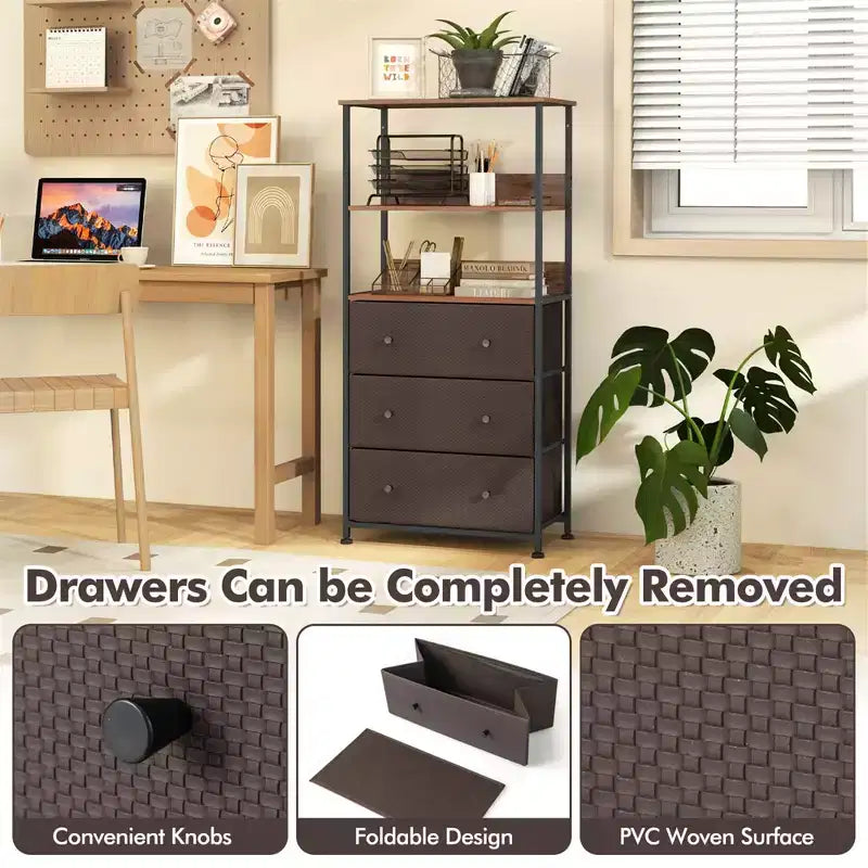Commode 3 tiroirs avec étagères ouvertes, unité de rangement verticale en tissu, cadre métallique