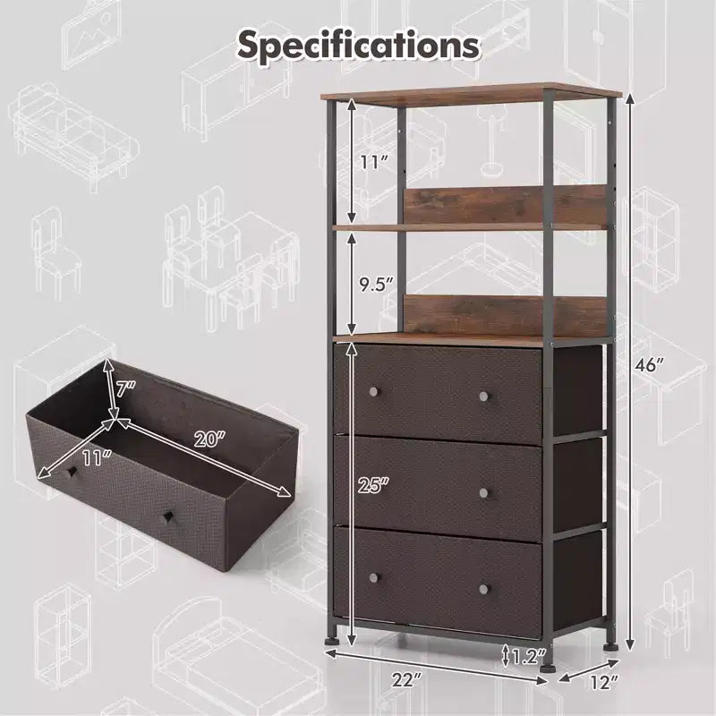 Commode 3 tiroirs avec étagères ouvertes, unité de rangement verticale en tissu, cadre métallique