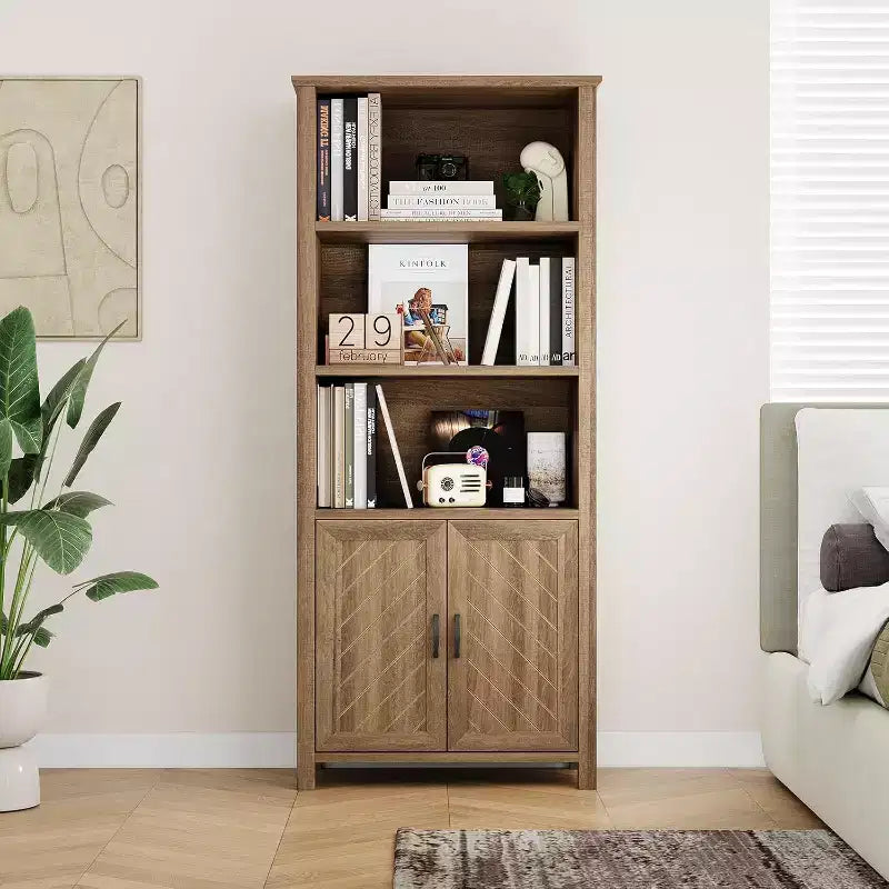 Bibliothèque haute avec portes, étagère à 5 niveaux avec étagères réglables, étagère de rangement, étagère de bureau avec rangement, organisateur de livres