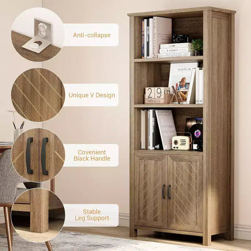 Bibliothèque haute avec portes, étagère à 5 niveaux avec étagères réglables, étagère de rangement, étagère de bureau avec rangement, organisateur de livres