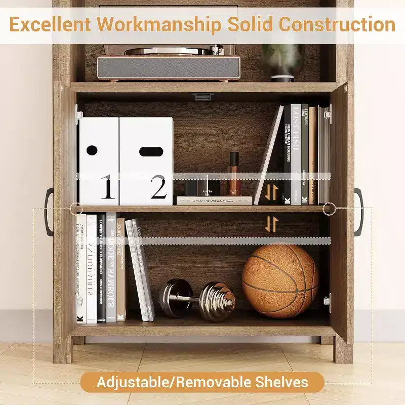 Bibliothèque haute avec portes, étagère à 5 niveaux avec étagères réglables, étagère de rangement, étagère de bureau avec rangement, organisateur de livres