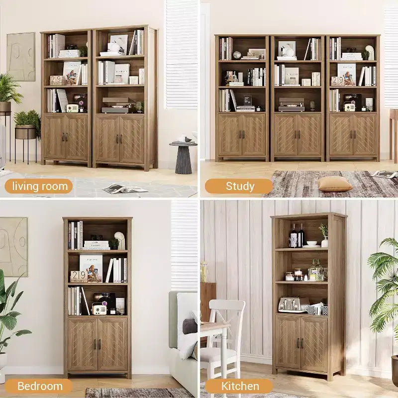 Bibliothèque haute avec portes, étagère à 5 niveaux avec étagères réglables, étagère de rangement, étagère de bureau avec rangement, organisateur de livres