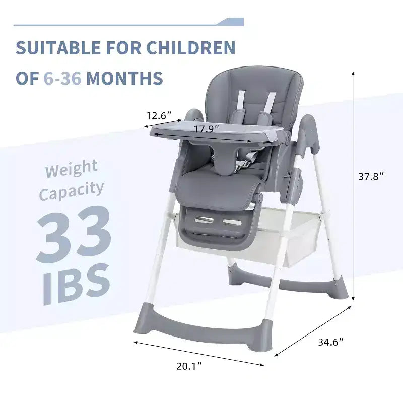 Chaise Haute Pliable pour Bébés et Tout-Petits, Dossier/Repose-Pieds/Hauteur Réglables avec Plateau Amovible, Harnais 5 Points et Roues