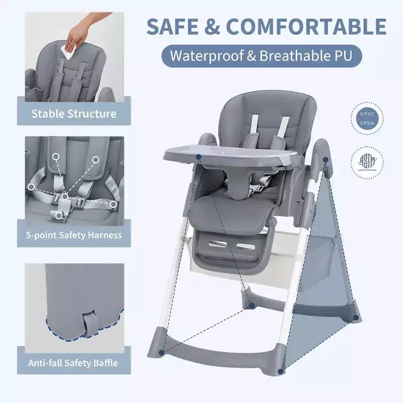Chaise Haute Pliable pour Bébés et Tout-Petits, Dossier/Repose-Pieds/Hauteur Réglables avec Plateau Amovible, Harnais 5 Points et Roues