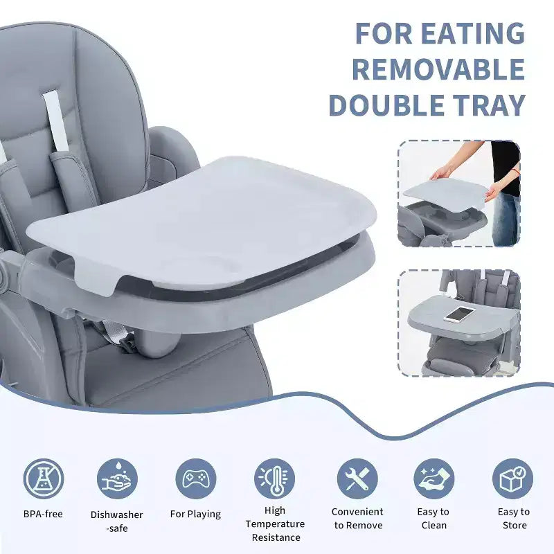 Chaise Haute Pliable pour Bébés et Tout-Petits, Dossier/Repose-Pieds/Hauteur Réglables avec Plateau Amovible, Harnais 5 Points et Roues