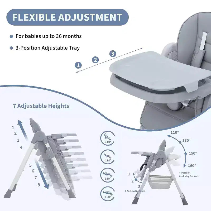 Chaise Haute Pliable pour Bébés et Tout-Petits, Dossier/Repose-Pieds/Hauteur Réglables avec Plateau Amovible, Harnais 5 Points et Roues