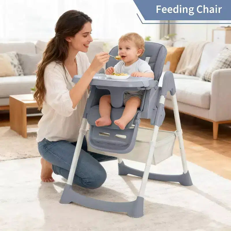 Chaise Haute Pliable pour Bébés et Tout-Petits, Dossier/Repose-Pieds/Hauteur Réglables avec Plateau Amovible, Harnais 5 Points et Roues