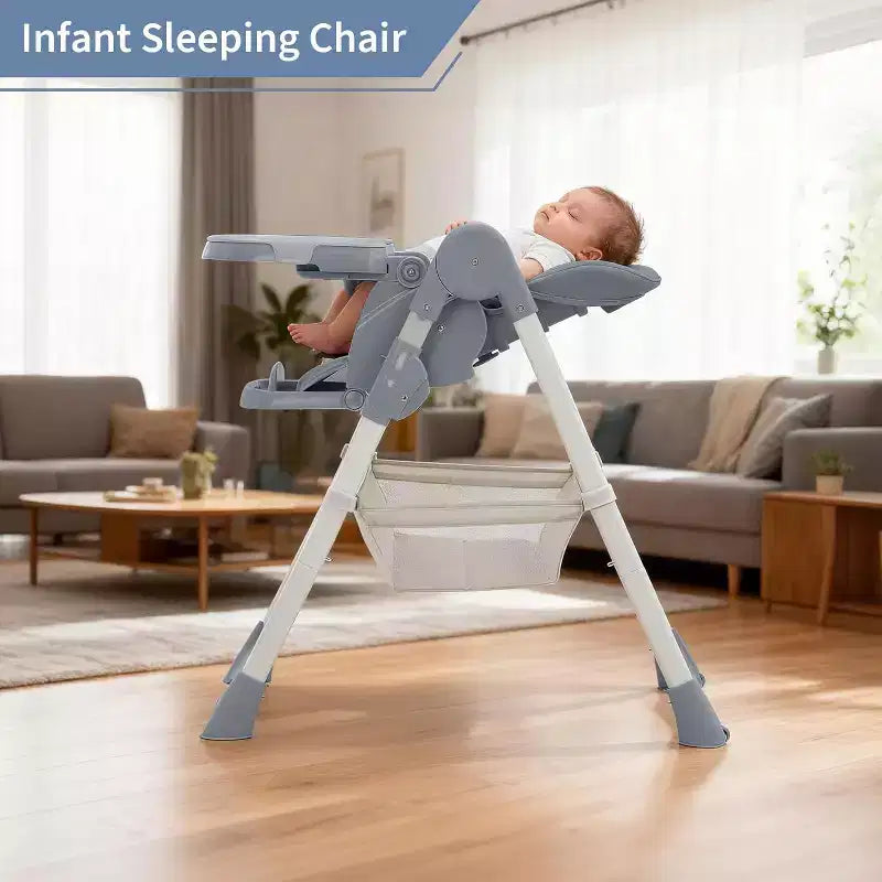 Chaise Haute Pliable pour Bébés et Tout-Petits, Dossier/Repose-Pieds/Hauteur Réglables avec Plateau Amovible, Harnais 5 Points et Roues