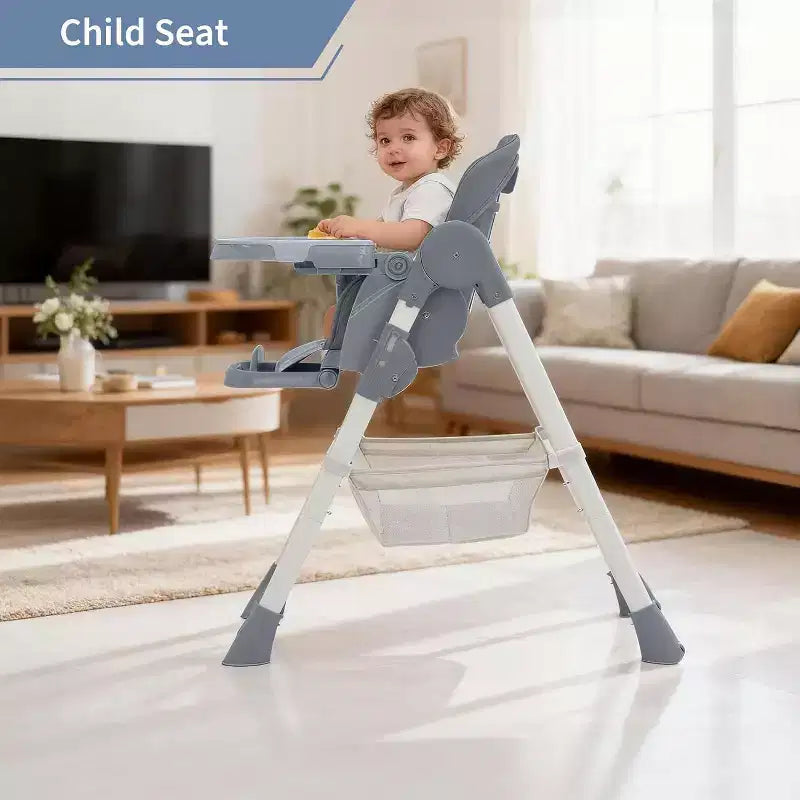 Chaise Haute Pliable pour Bébés et Tout-Petits, Dossier/Repose-Pieds/Hauteur Réglables avec Plateau Amovible, Harnais 5 Points et Roues