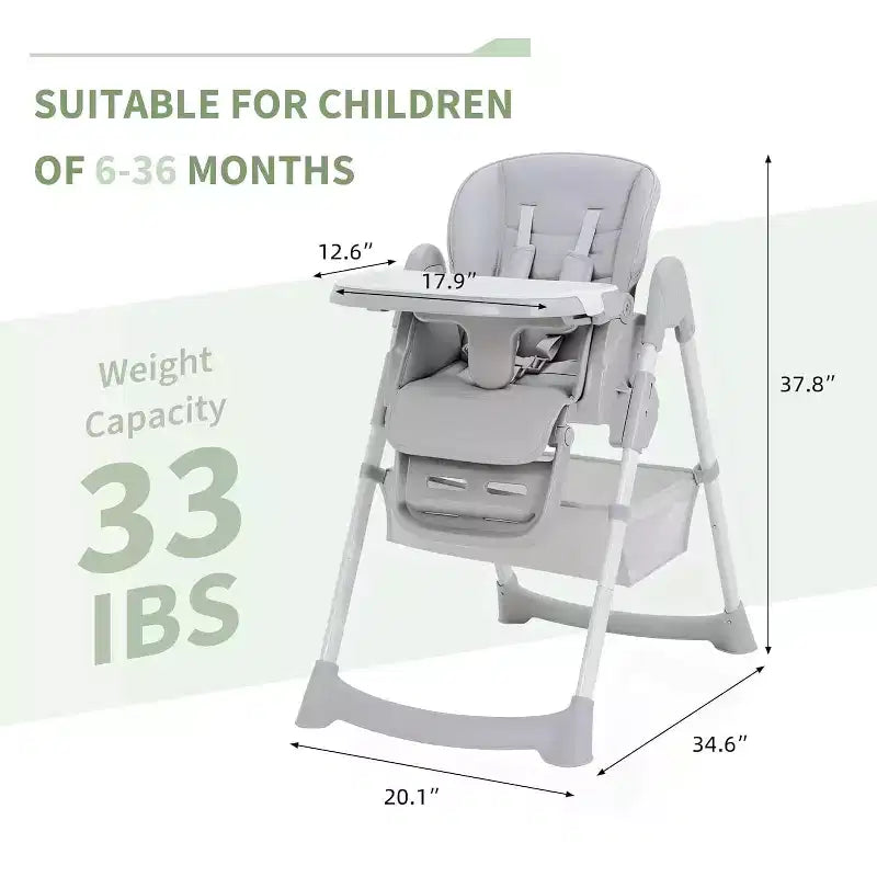Chaise Haute Pliable pour Bébés et Tout-Petits, Dossier/Repose-Pieds/Hauteur Réglables avec Plateau Amovible, Harnais 5 Points et Roues