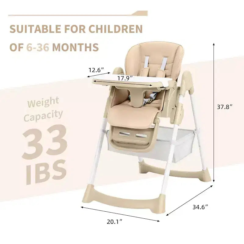 Chaise Haute Pliable pour Bébés et Tout-Petits, Dossier/Repose-Pieds/Hauteur Réglables avec Plateau Amovible, Harnais 5 Points et Roues