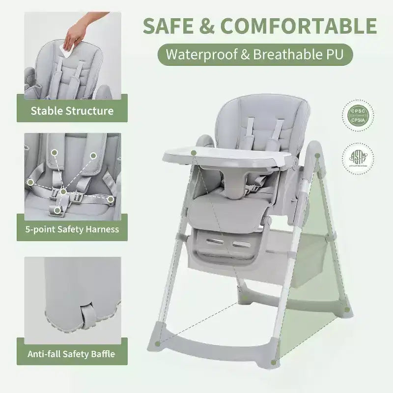 Chaise Haute Pliable pour Bébés et Tout-Petits, Dossier/Repose-Pieds/Hauteur Réglables avec Plateau Amovible, Harnais 5 Points et Roues