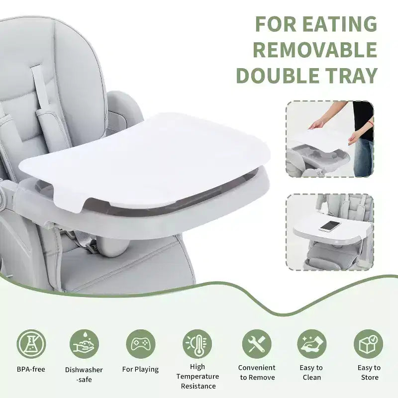 Chaise Haute Pliable pour Bébés et Tout-Petits, Dossier/Repose-Pieds/Hauteur Réglables avec Plateau Amovible, Harnais 5 Points et Roues