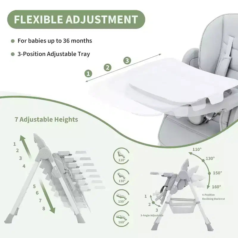 Chaise Haute Pliable pour Bébés et Tout-Petits, Dossier/Repose-Pieds/Hauteur Réglables avec Plateau Amovible, Harnais 5 Points et Roues