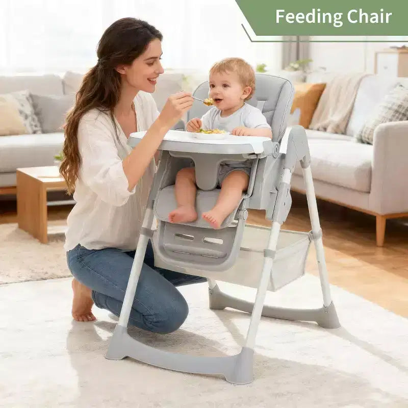 Chaise Haute Pliable pour Bébés et Tout-Petits, Dossier/Repose-Pieds/Hauteur Réglables avec Plateau Amovible, Harnais 5 Points et Roues