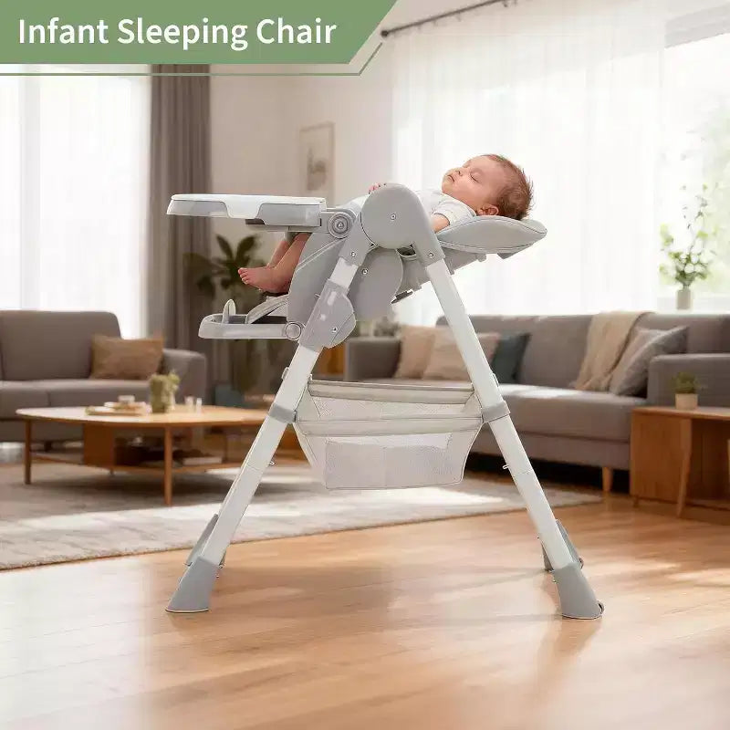 Chaise Haute Pliable pour Bébés et Tout-Petits, Dossier/Repose-Pieds/Hauteur Réglables avec Plateau Amovible, Harnais 5 Points et Roues