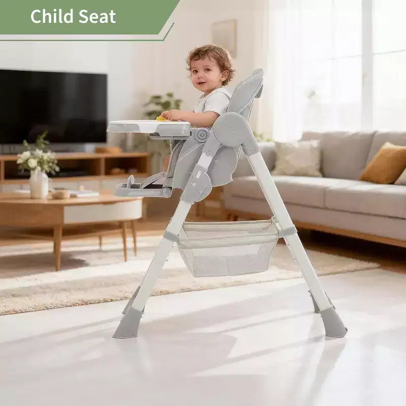 Chaise Haute Pliable pour Bébés et Tout-Petits, Dossier/Repose-Pieds/Hauteur Réglables avec Plateau Amovible, Harnais 5 Points et Roues