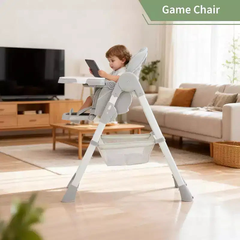 Chaise Haute Pliable pour Bébés et Tout-Petits, Dossier/Repose-Pieds/Hauteur Réglables avec Plateau Amovible, Harnais 5 Points et Roues