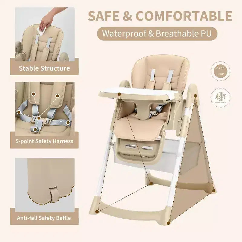 Chaise Haute Pliable pour Bébés et Tout-Petits, Dossier/Repose-Pieds/Hauteur Réglables avec Plateau Amovible, Harnais 5 Points et Roues
