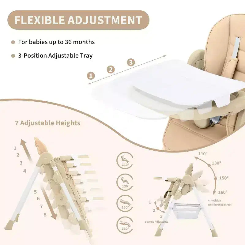 Chaise Haute Pliable pour Bébés et Tout-Petits, Dossier/Repose-Pieds/Hauteur Réglables avec Plateau Amovible, Harnais 5 Points et Roues