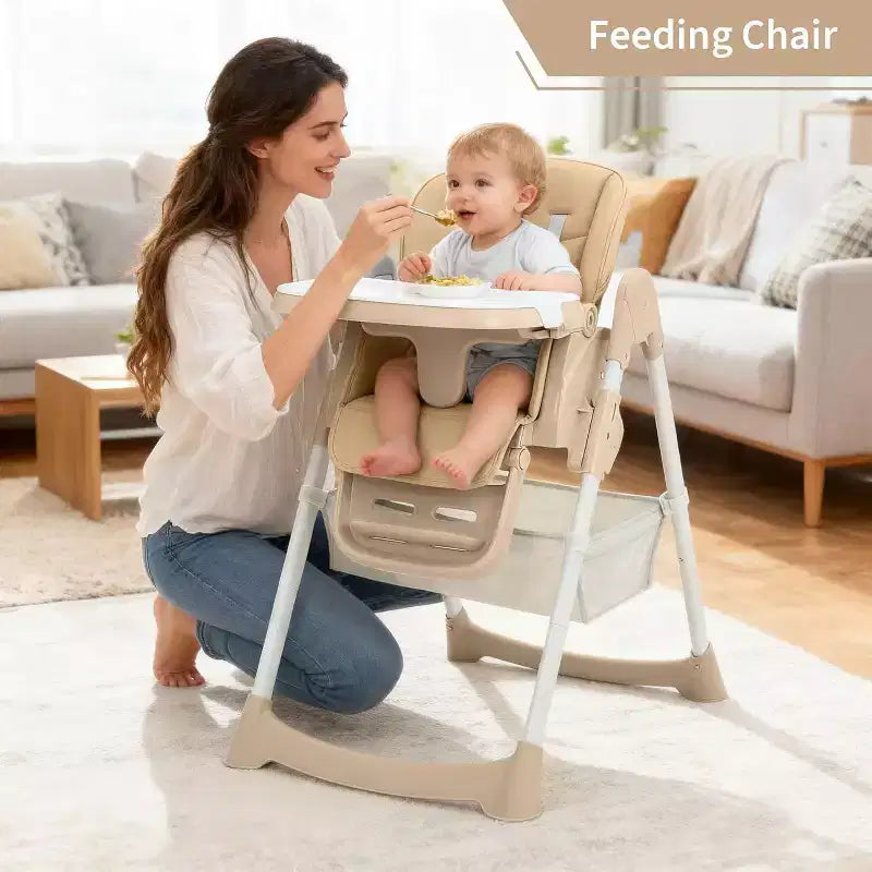 Chaise Haute Pliable pour Bébés et Tout-Petits, Dossier/Repose-Pieds/Hauteur Réglables avec Plateau Amovible, Harnais 5 Points et Roues