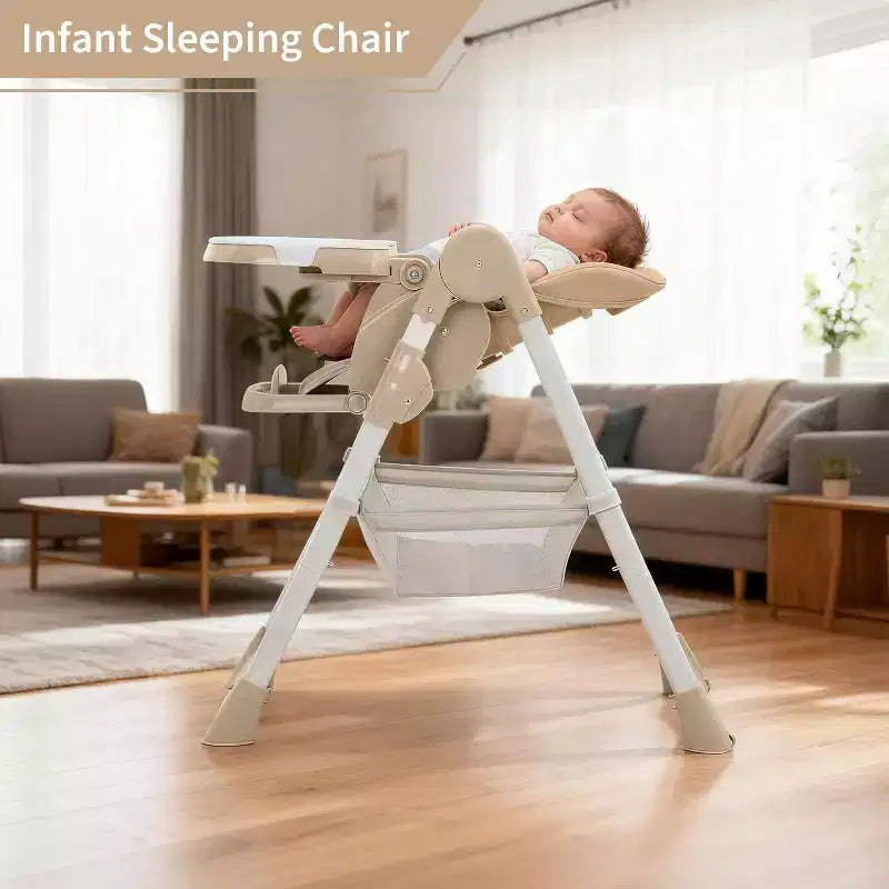Chaise Haute Pliable pour Bébés et Tout-Petits, Dossier/Repose-Pieds/Hauteur Réglables avec Plateau Amovible, Harnais 5 Points et Roues