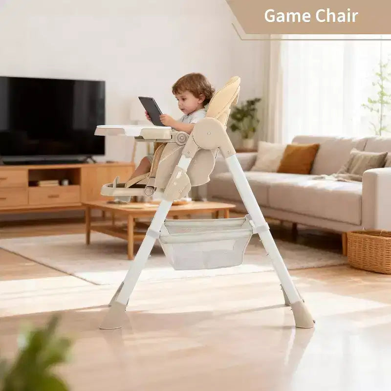Chaise Haute Pliable pour Bébés et Tout-Petits, Dossier/Repose-Pieds/Hauteur Réglables avec Plateau Amovible, Harnais 5 Points et Roues
