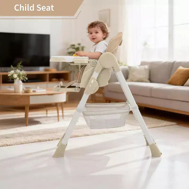 Chaise Haute Pliable pour Bébés et Tout-Petits, Dossier/Repose-Pieds/Hauteur Réglables avec Plateau Amovible, Harnais 5 Points et Roues