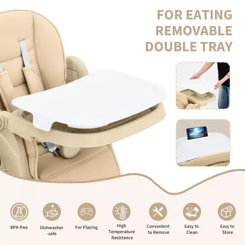 Chaise Haute Pliable pour Bébés et Tout-Petits, Dossier/Repose-Pieds/Hauteur Réglables avec Plateau Amovible, Harnais 5 Points et Roues