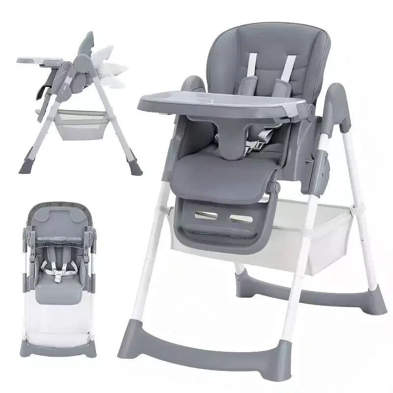 Chaise Haute Pliable pour Bébés et Tout-Petits, Dossier/Repose-Pieds/Hauteur Réglables avec Plateau Amovible, Harnais 5 Points et Roues