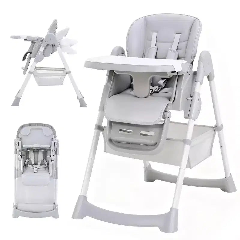 Chaise Haute Pliable pour Bébés et Tout-Petits, Dossier/Repose-Pieds/Hauteur Réglables avec Plateau Amovible, Harnais 5 Points et Roues