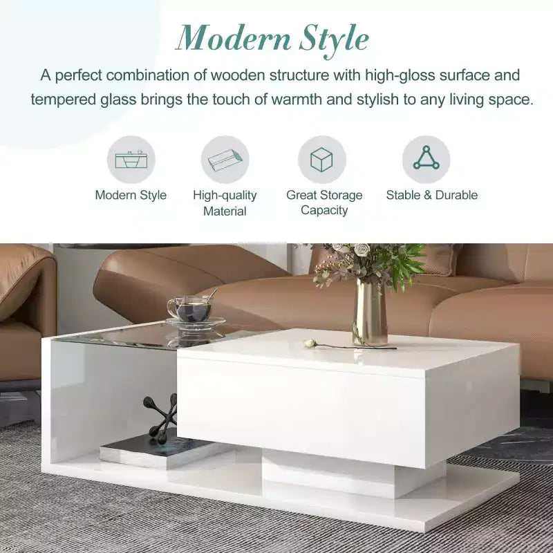 Table basse avec tiroir de 39,3 po, verre trempé, surface UV brillante, table basse carrée en bois, table d'appoint domestique